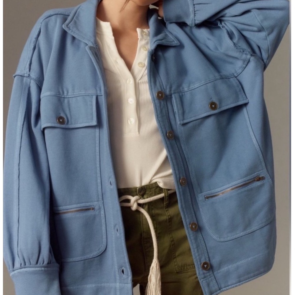 Pilcro Anthropologie Cotton Micro Fleece Button Utility Jacket Blue Large L New